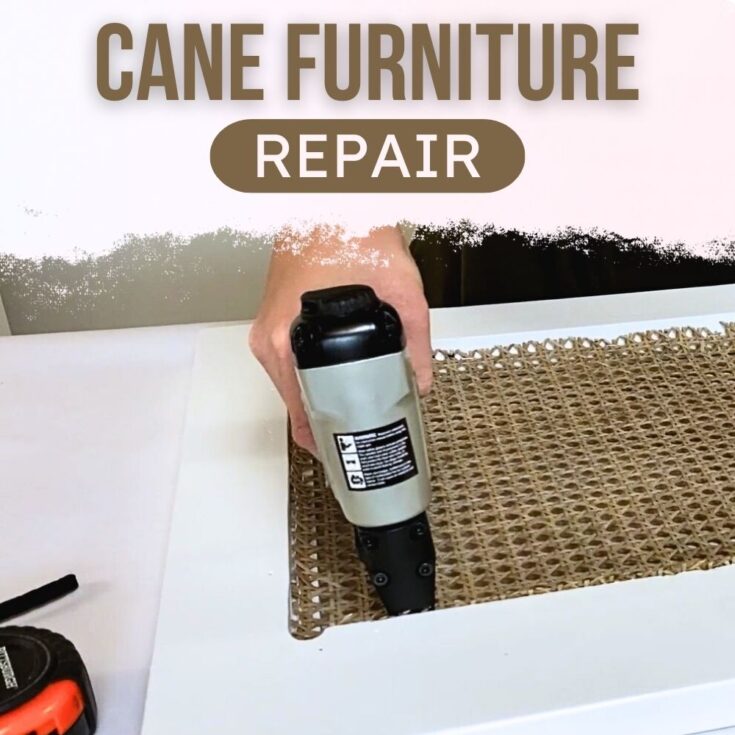 photo of repairing cane furniture with text overlay