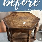 Hexagonal wooden table with twisted legs and a price tag, labeled before on a blue background.