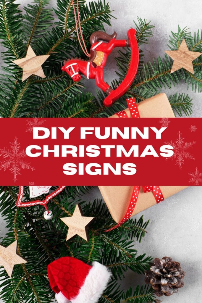 Image of evergreen branches and ornaments with text overlay "DIY Funny Christmas Signs"