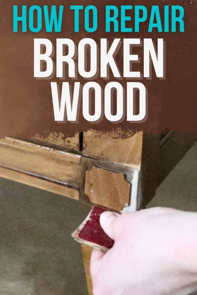 Photo of repairing broken wood on furniture with text overlay