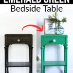 Before and after of a bedside table, painted from dark brown to bright emerald green with new decor on top.