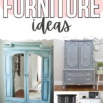 Collage of painted armoires in blue, gray, black, and white with text: Painted Armoire Furniture Ideas.