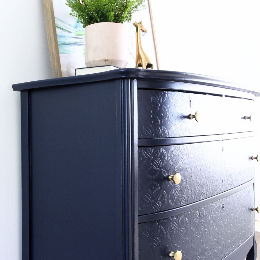 close-up view of navy blue chest drawer