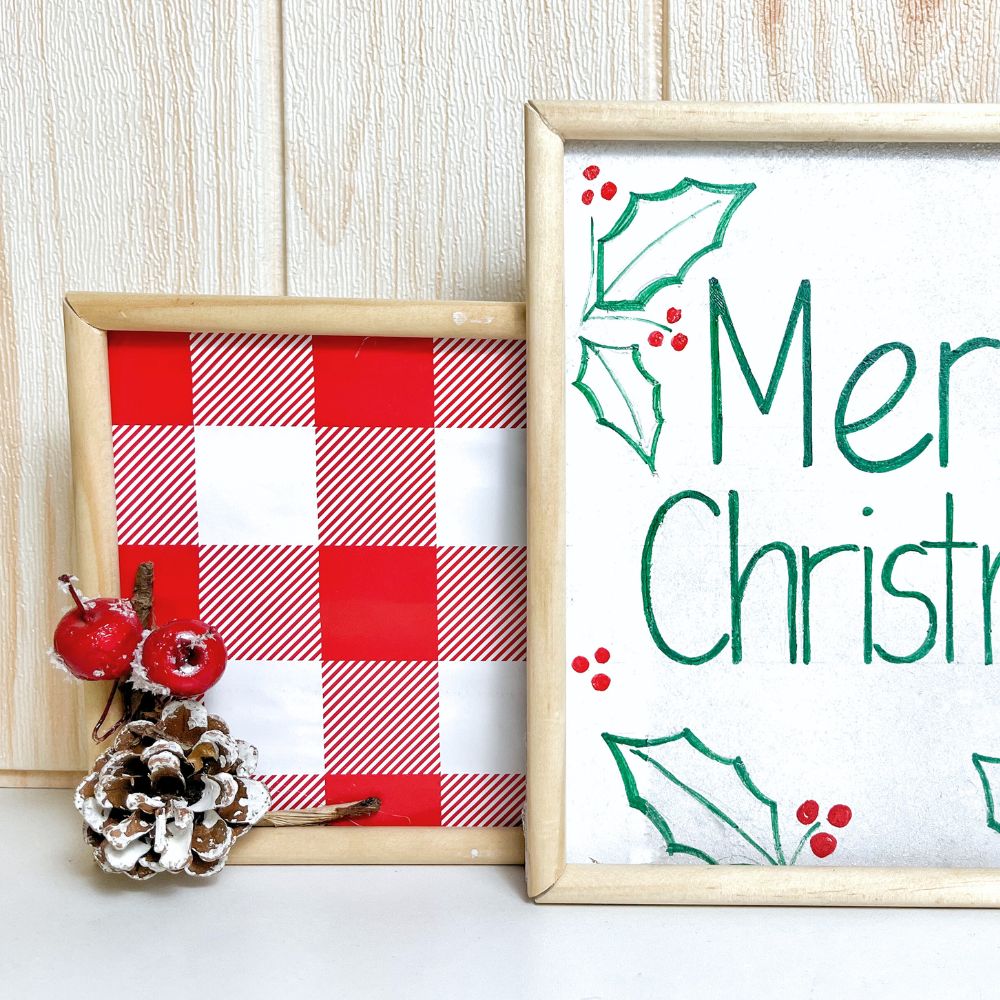 close-up view of small merry Christmas signs