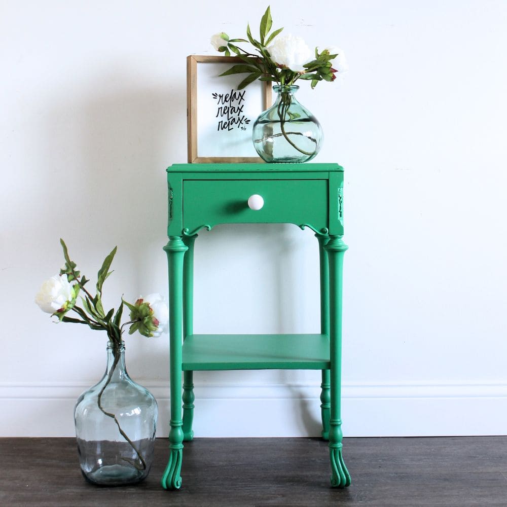 full view photo of emerald green bedside table after the makeover