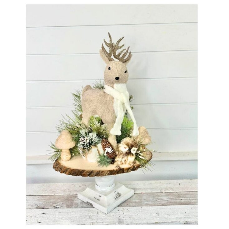 Rustic Christmas Centerpiece with Foam Deer in Knitted Scarf