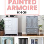 Collage of five painted armoires in various colors and styles with text 10+ Painted Armoire ideas.