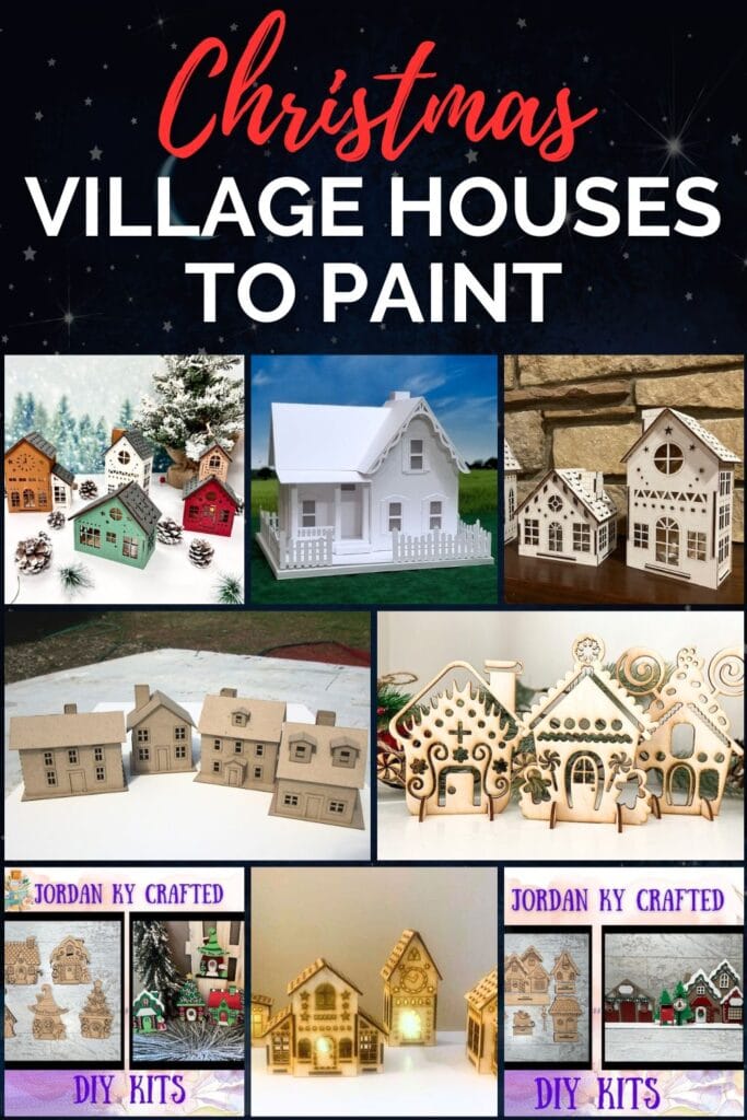 photo collage of Christmas Village Houses to Paint with text overlay