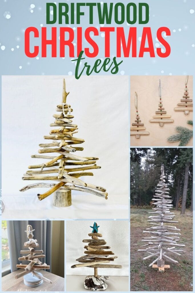 photo collage of Driftwood Christmas Trees with text overlay