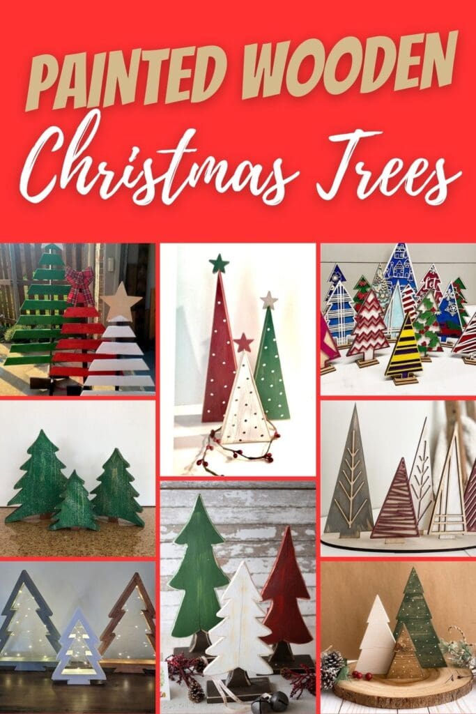 Collage of painted wooden Christmas trees