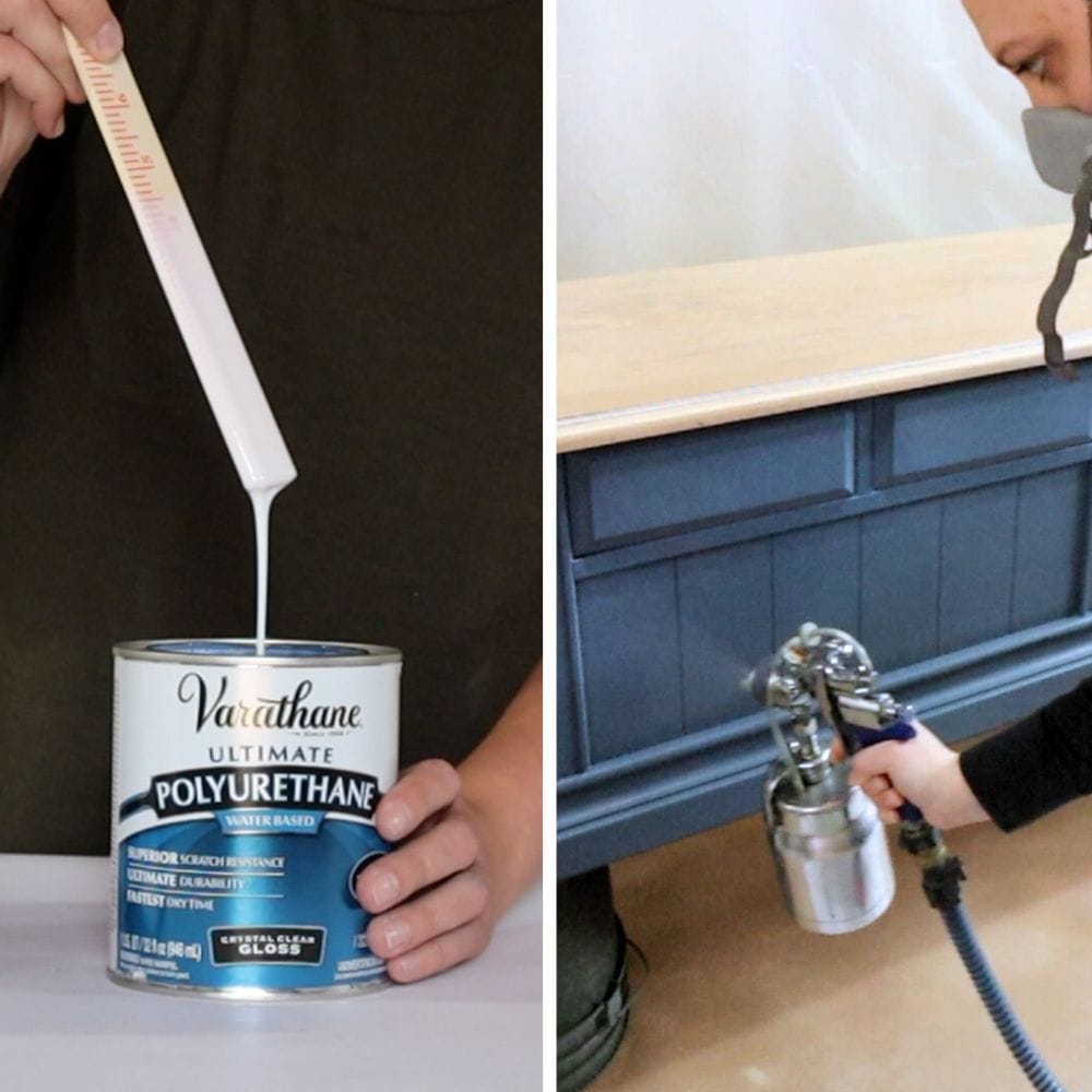 photo of applying topcoat onto furniture using a paint sprayer