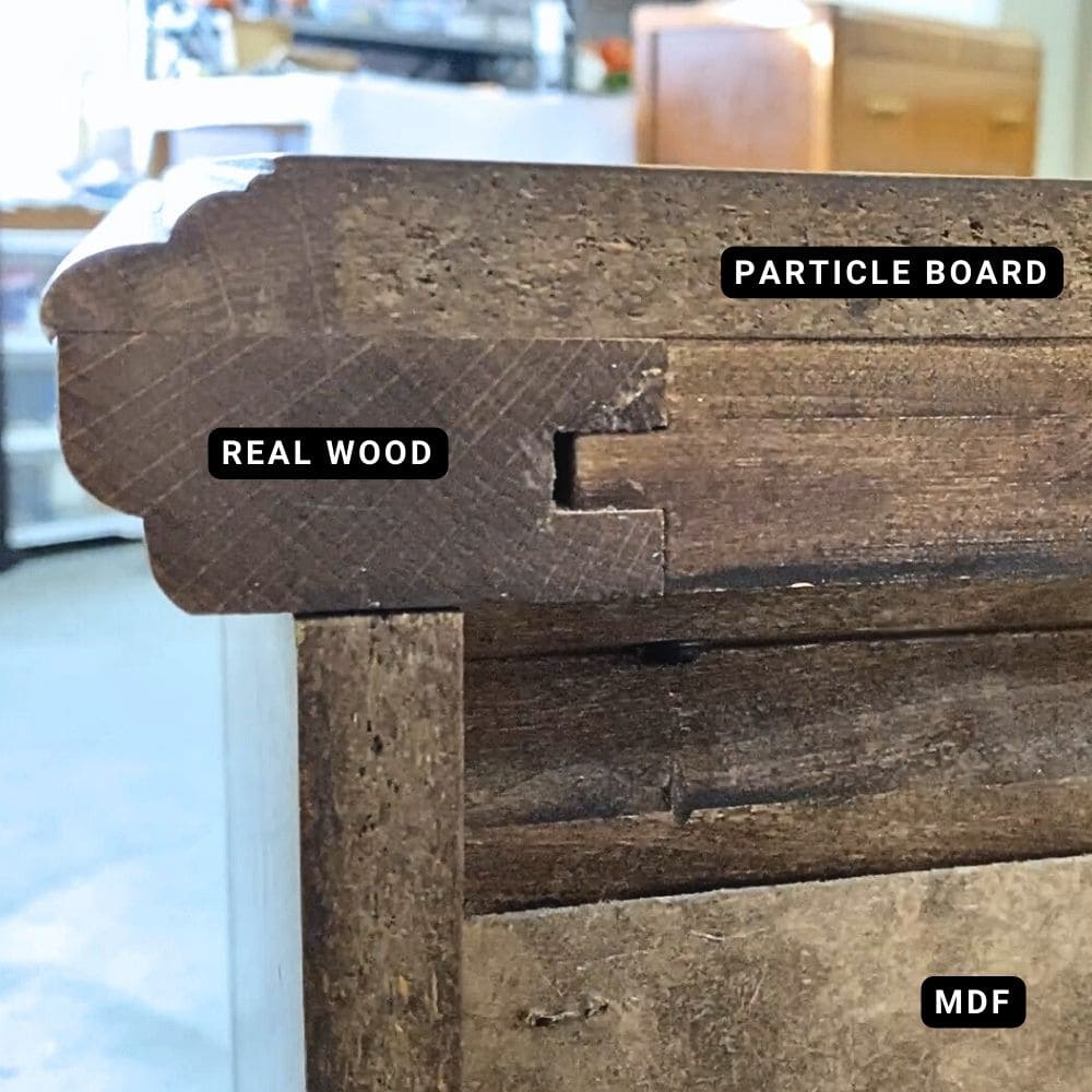 photo showing 3 kinds of materials to build the dresser with text labels