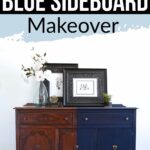 An antique sideboard, half refinished in blue paint, with decor on top; before and after shown.