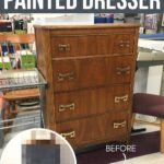A wooden dresser with four drawers labeled Before, next to a blurred After image of it painted navy blue.