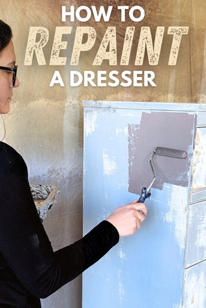 Photo of repainting a dresser with text overlay