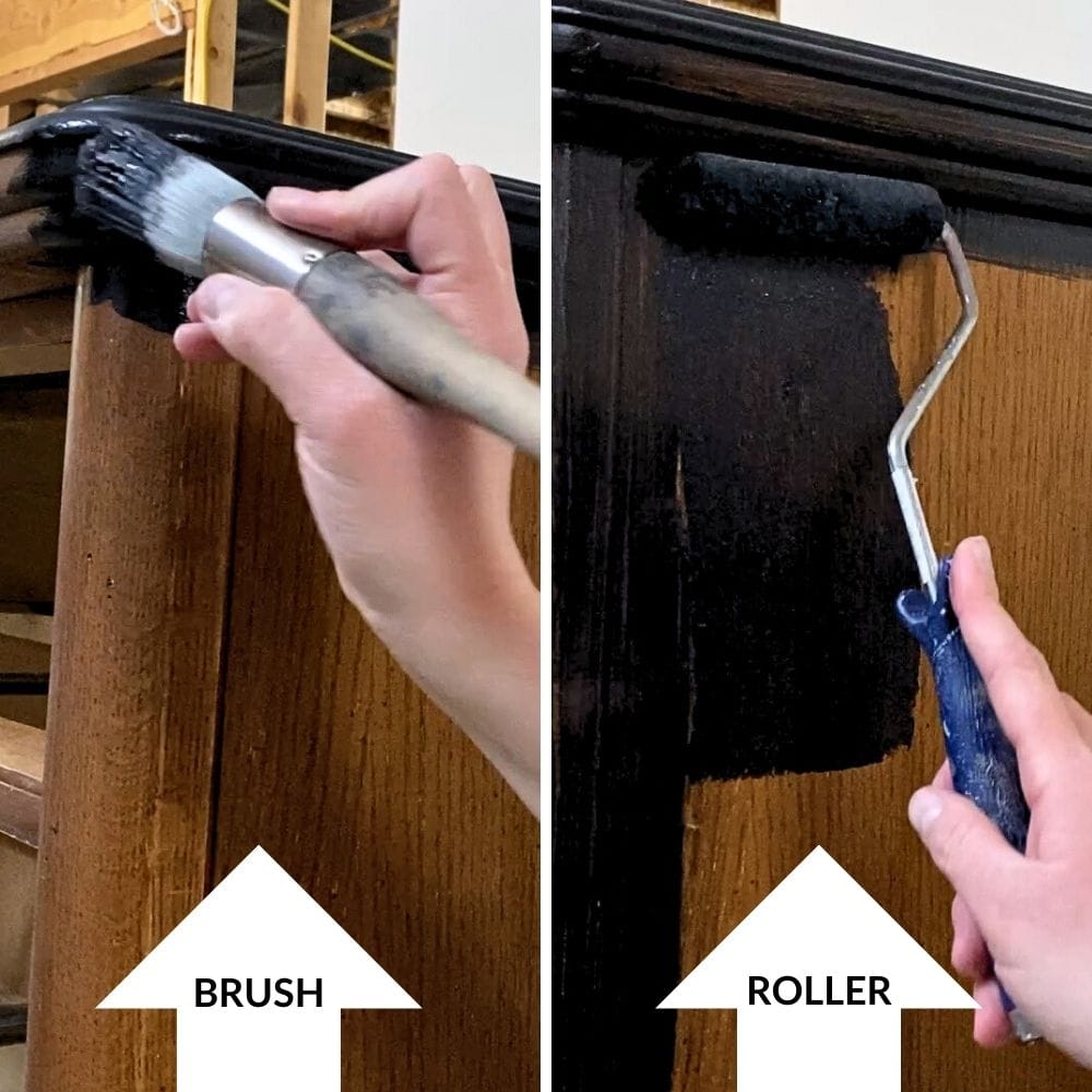 Photo of painting particle board using a brush and a roller