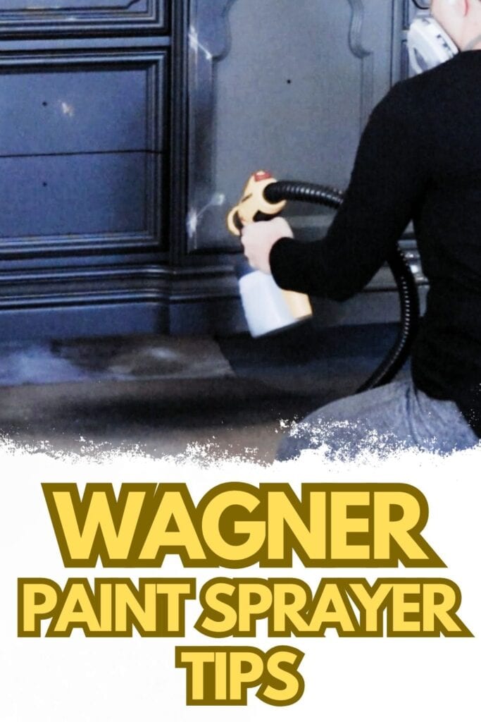 Photo of spraying paint onto furniture using wagner paint sprayer with text overlay