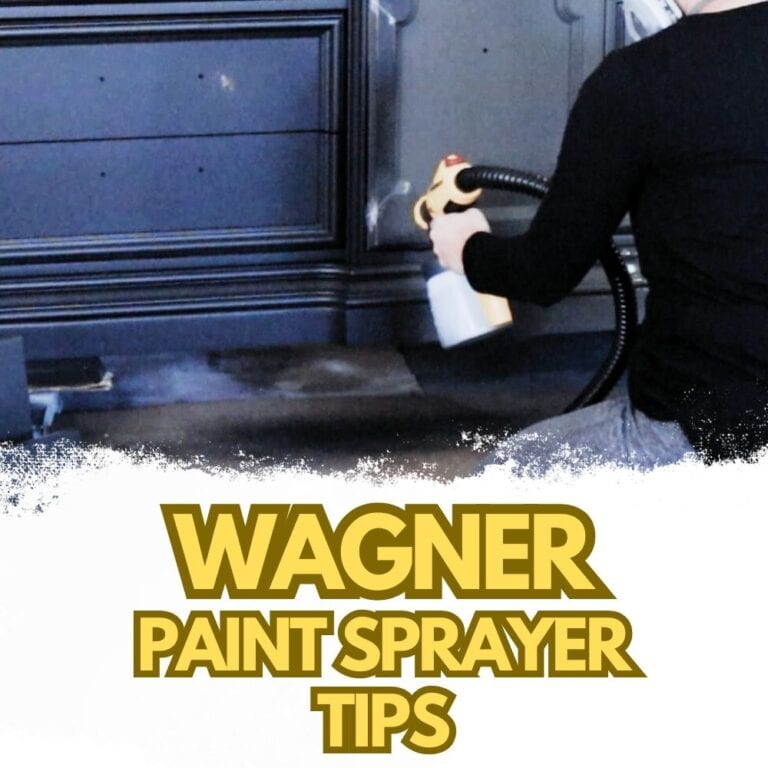 Photo of spraying paint onto furniture using wagner paint sprayer with text overlay