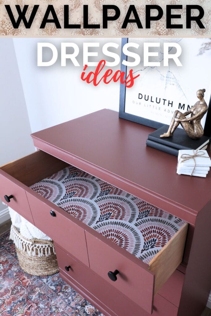 Photo of dresser drawer with wallpaper with text overlay