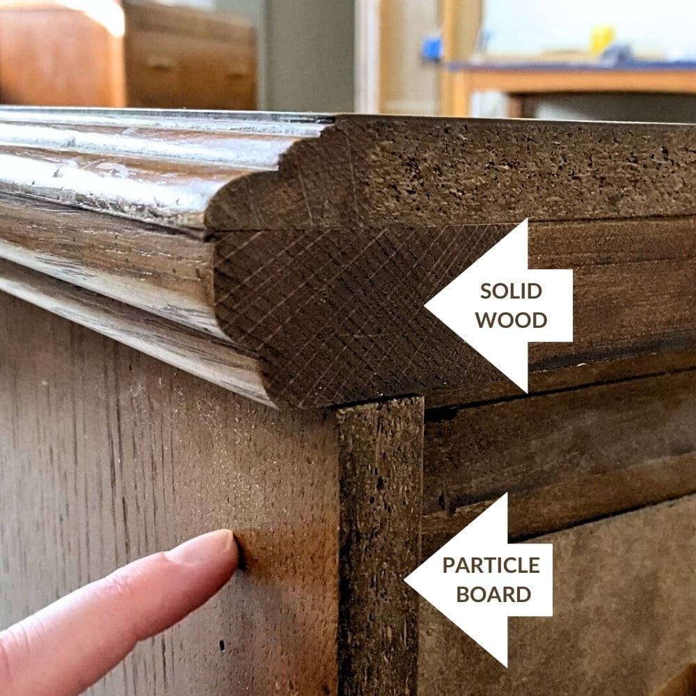 Photo showing the difference of particle board and solid wood