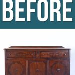 A dark wood vintage sideboard with ornate details, labeled BEFORE in large white letters above.
