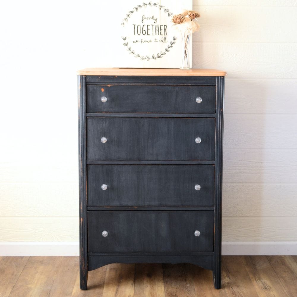 full-view photo of navy blue dresser after the makeover
