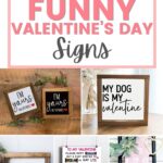 Collage of funny Valentine’s Day signs with playful sayings, including “I’m yours (no refunds)” and “My dog is my valentine.”.