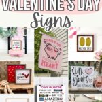A collage of humorous Valentines Day signs with playful messages and decorative hearts.