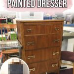 A tall wooden dresser in a thrift store with a before label and a blurred after photo inset.