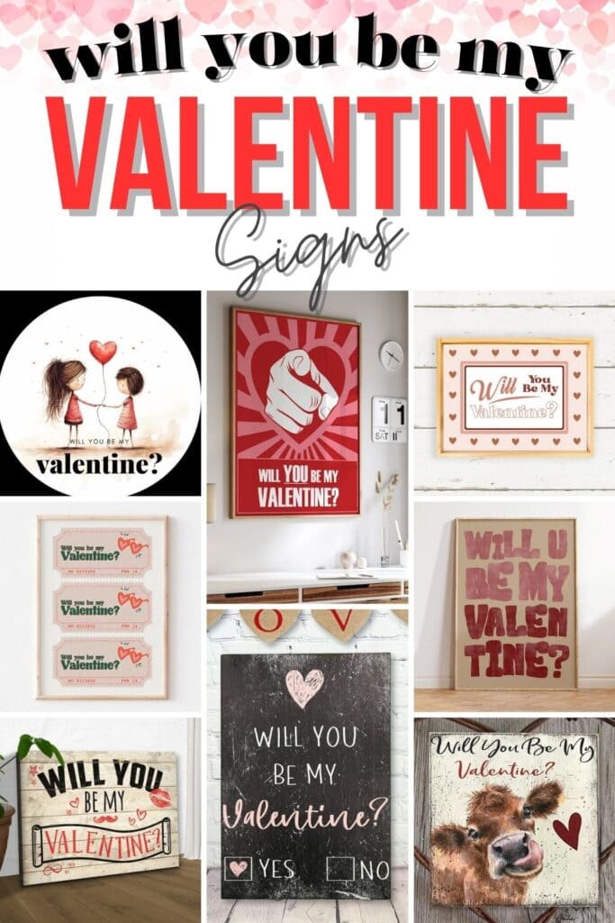 photo collage of will you be my valentines signs with text overlay