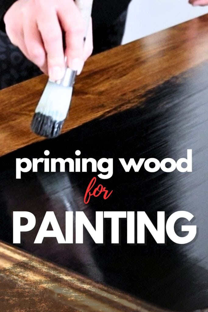 photo of brushing on primer before painting with text overlay