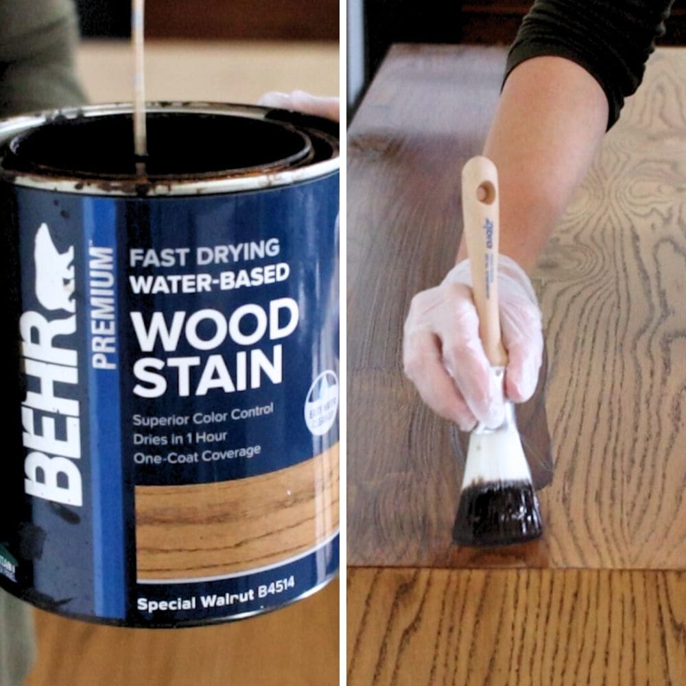 photo of brushing on wood stain after sanding