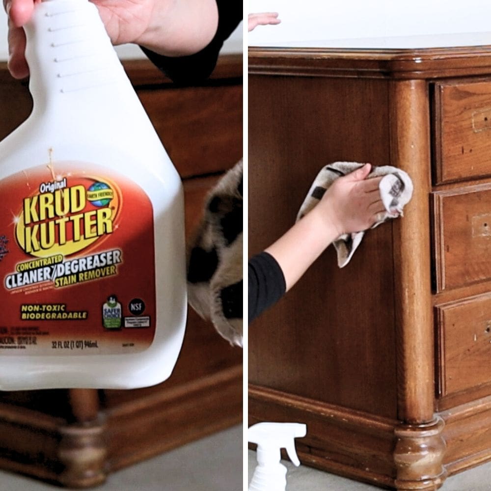 photo of cleaning veneer furniture using krud kutter degreaser and a damp rag