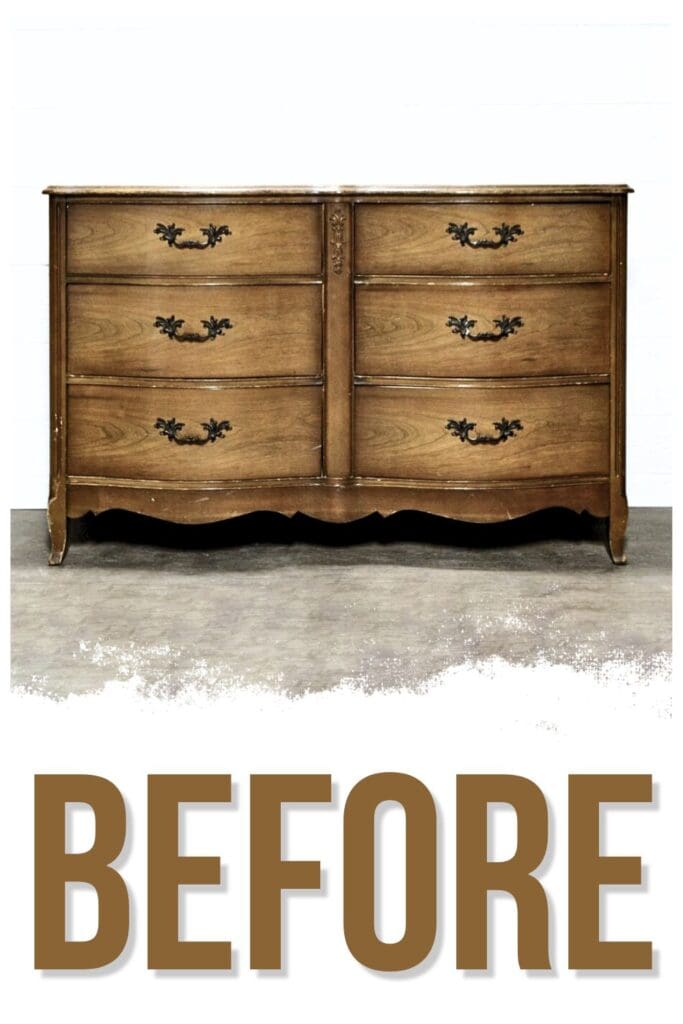 photo of french dresser before the makeover with text overlay