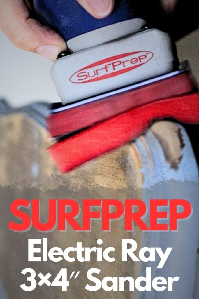 photo of surfprep sander sanding the edges of furniture with text overlay