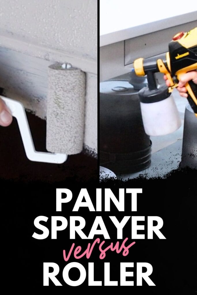 photo of using roller and using paint sprayer to paint furniture with text overlay