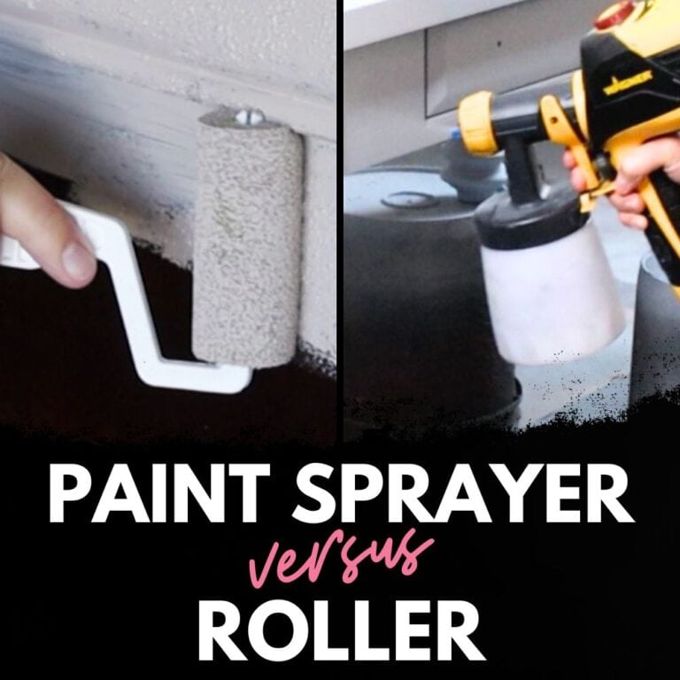 photo of using roller and using paint sprayer to paint furniture with text overlay