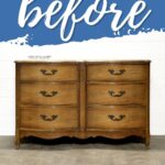 A vintage wooden dresser with six drawers, labeled before on a blue and white background.