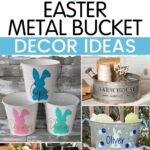 Collage of decorated metal buckets with names and designs for Easter-themed decor ideas.