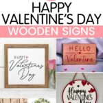 Collage of wooden Valentine’s Day signs with festive messages and heart designs in pink, red, and white colors.