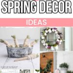 Collage of spring decor ideas, including flowers, wreaths, vases, and pastel home decorations.