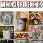 A collage of decorated Easter metal buckets with various designs, flowers, and personalized names.
