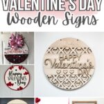 Collage of wooden Valentine’s Day signs with love-themed designs, hearts, and festive decorations.