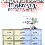 A light blue French provincial dresser with a wooden top, styled with a clock, books, and greenery.