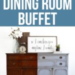 Dining room buffet painted light blue on right half; left half shows original dark wood finish.