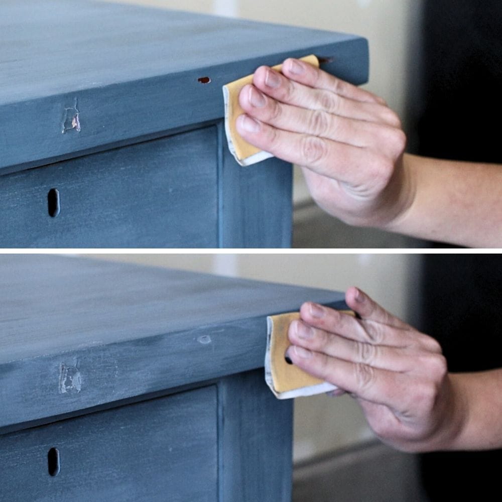 Photo of sanding chipped paint on furniture
