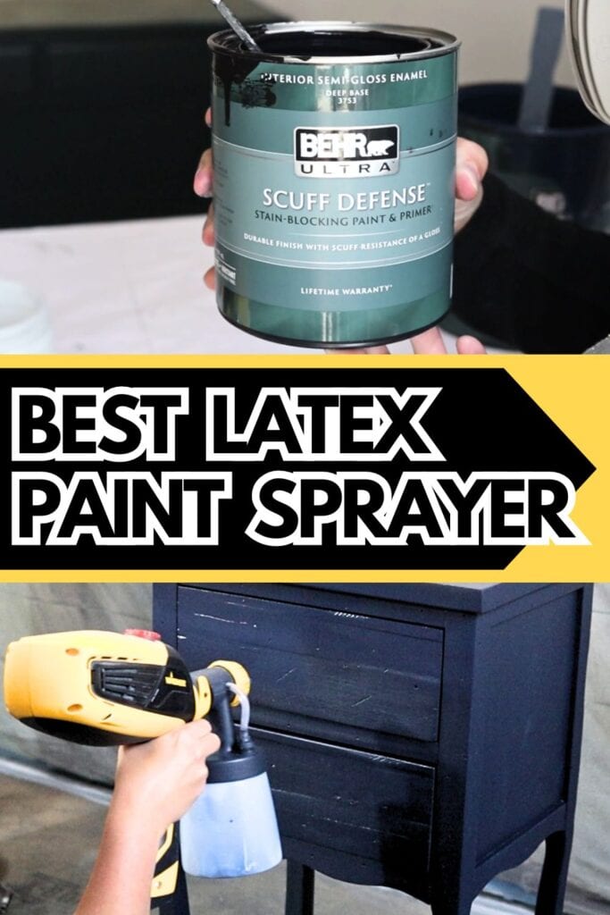 Photo of spraying paint onto furniture using latex paint and paint sprayer with text overlay
