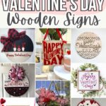 A collage of decorative wooden signs with Valentine’s Day messages and heart-themed designs.