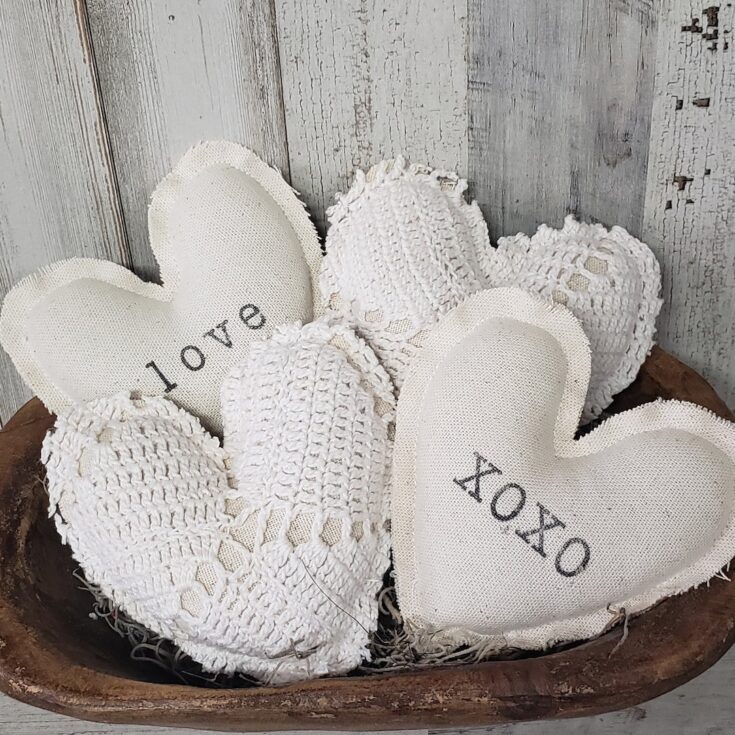 Image for Linen and Crochet Fabric Hearts
