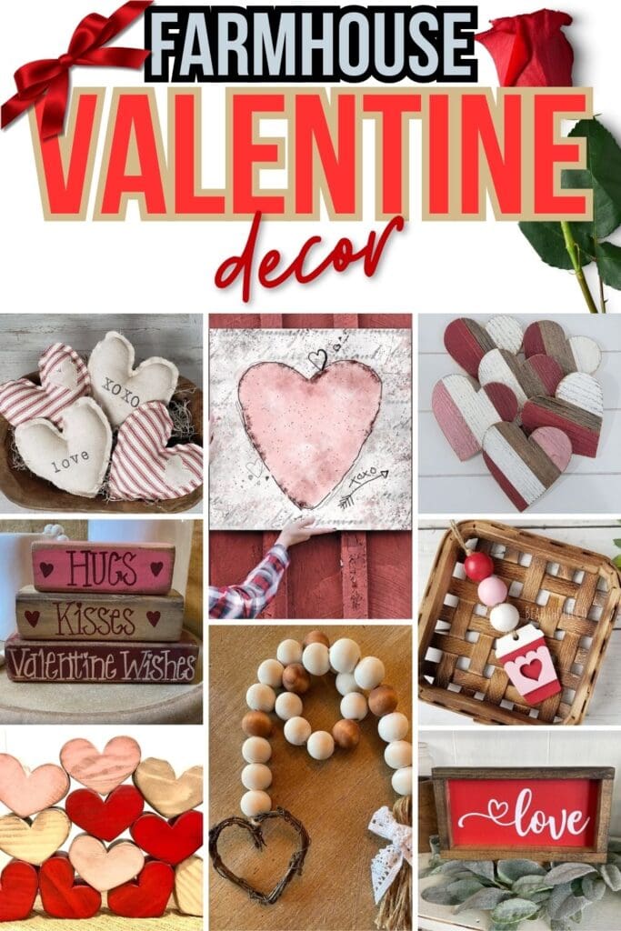 photo collage of Farmhouse Valentine Decor with text overlay